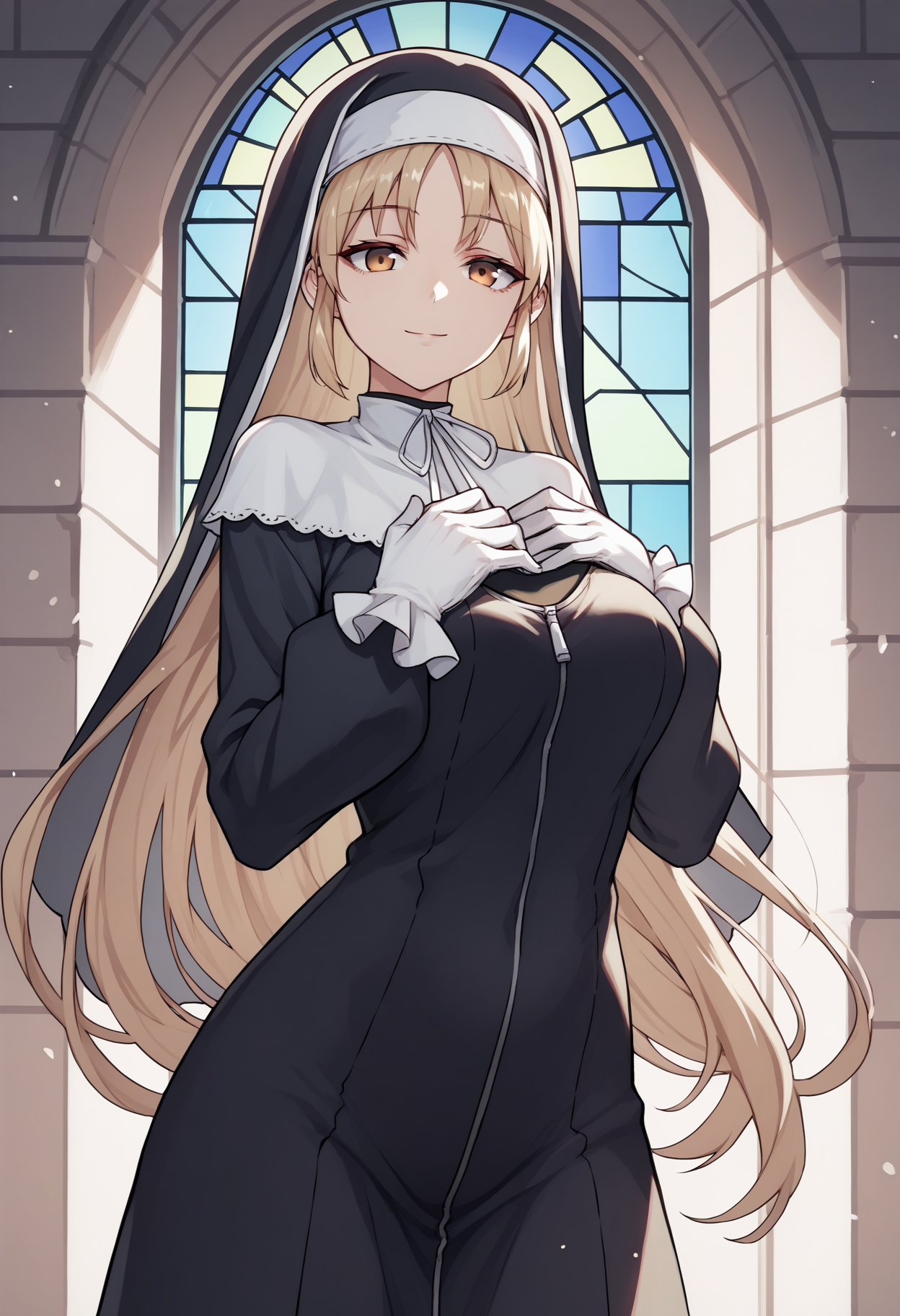 score_9, score_8_up, score_7_up, score_6_up, score_5_up, score_4_up, source_anime, sclaire, very long hair, nun, habit, capelet, white gloves, zipper, expressionless, smile, cowboy shot, looking at viewer, church, hands on own chest<lora:SisterClaireXL:1>