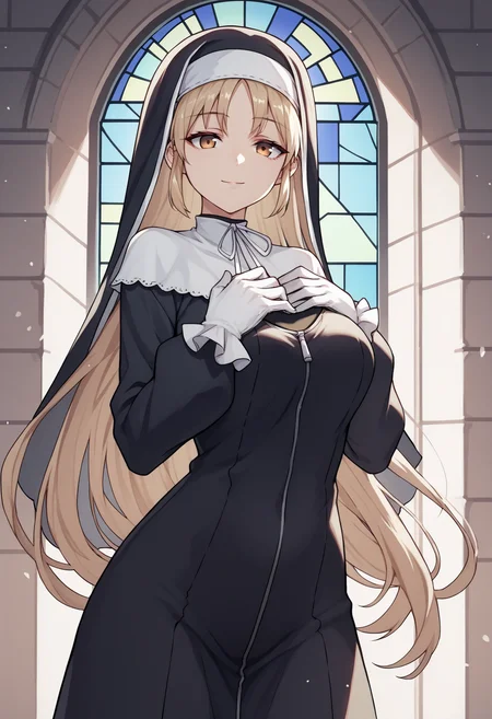 score_9, score_8_up, score_7_up, score_6_up, score_5_up, score_4_up, source_anime, sclaire, very long hair, nun, habit, capelet, white gloves, zipper, expressionless, smile, cowboy shot, looking at viewer, church, hands on own chest<lora:SisterClaireXL:1>