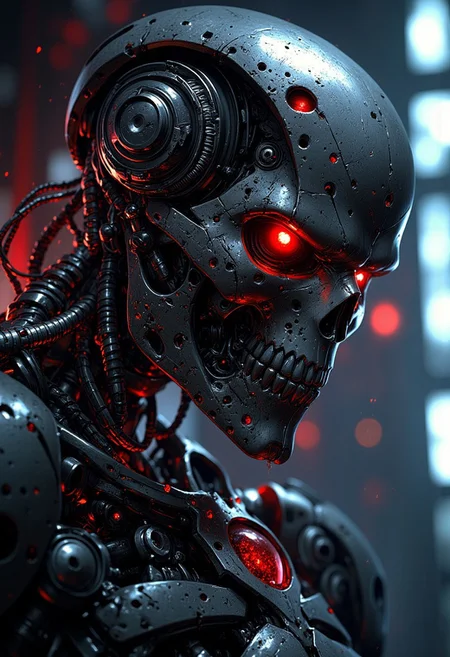 close up on face, great lighting, intricate detail, portrait of endoskeleton of terminator cybernetic machine soldier, with titanium skull and red glowing mechanical eyes, High Detail, Perfect Composition, realistic photographic image, interesting backlighting, ArsMJStyle, dnddarkestfantasy, mythp0rt