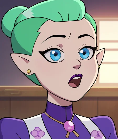 <lora:Odalia_Blight:0.8>, short hair, open mouth, blue eyes, jewelry, upper body, earrings, mint green hair, pointy ears, hair bun, makeup, lipstick, stud earrings, bolo tie, white vest, purple shirt, gold earrings, purple lipstick, single hair bun, sitting,, score_9, score_8_up, score_7_up, cute,