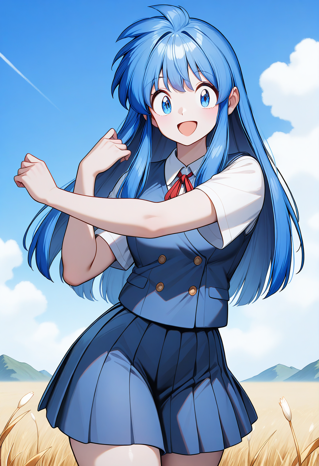 smile, open mouth, 
okinu-chan, blue eyes, blue hair, sidelocks, long hair, school uniform, blue vest, collared shirt, short sleeves, pleated skirt, blue skirt, <lora:gs_okinu-chan_illustrious_ver1:0.8>, masterpiece, best quality, general,, 1girl, solo, (field:1.2), (blue sky:1.2), looking at viewer,, (cowboy shot, dynamic pose:1.2),