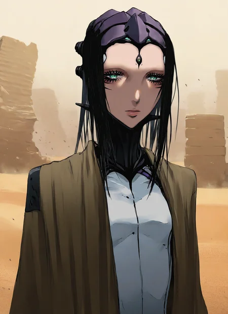 artist:, masterpiece, best quality, newest, very awa, absurdres, highres, tmnh, 1girl, pcell, black hair, green eyes, brown coat, white shirt, official, black tie, looking at viewer, daytime, desert city, sandstone mountains, sandstorm, massive futuristic ruins far away, detailed, <lora:Tsutomu_Nihei_Blame_Style_Illustrious:1.0>
