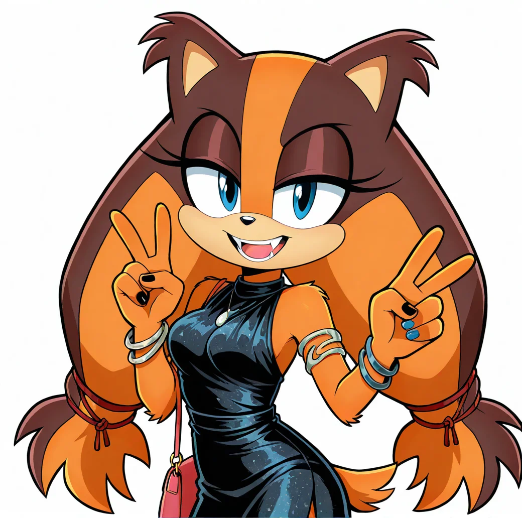 <lora:stickbadger_illustrious:1>, (masterpiece), (best quality), (ultra-detailed), amazing quality, very aesthetic, illustration, perfect composition, intricate details, absurdres, incredibly absurdres, sticks the badger, 1girl, solo, long hair, breasts, looking at viewer, smile, open mouth, simple background, brown hair, white background, dress, animal ears, bare shoulders, jewelry, tail, multicolored hair, cowboy shot, teeth, sleeveless, hand up, bag, nail polish, orange hair, black dress, bracelet, v, makeup, sleeveless dress, fangs, half-closed eyes, happy, black nails, furry, armlet, eyeshadow, low-tied long hair, blue nails, handbag, hair tie, bangle, animal nose, brown fur, body fur, furry female, orange fur, two-tone fur, blue eyes