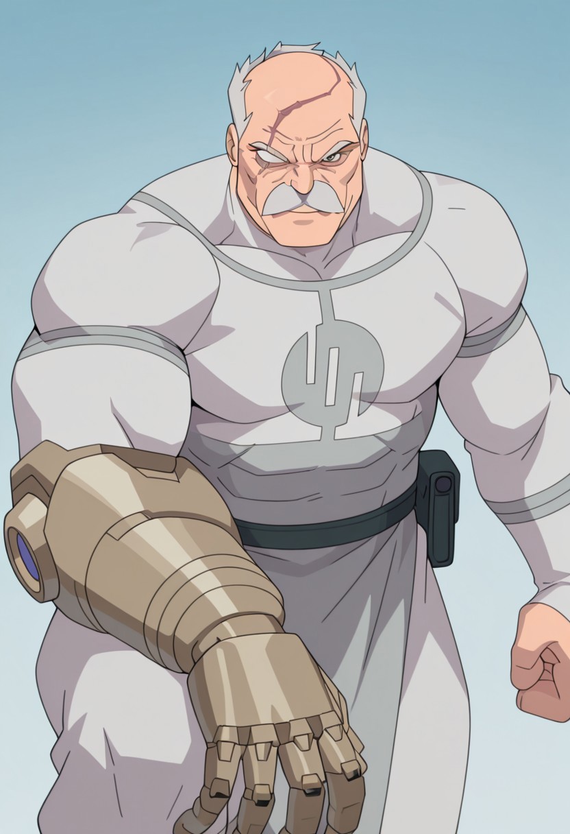 masterpiece, best quality, newest, absurdres, highres, anime, anime style, 1boy, Conquest-ISV-V1.0 old man, white hair, mustache, facial hair, scar, blind eye, single mechanical arm,
