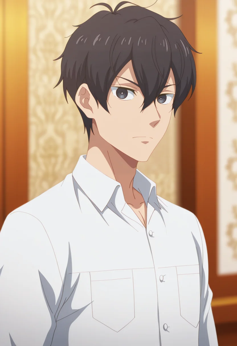 masterpiece, best quality, amazing quality,high resolution,intricate details,official style,depth of field,anime screencap,anime coloring , , , 1boy, solo, male focus, <lora:Leon_Fou_Bartfort:1>,leon fou batfort,black hair,black eyes,short hair,white shirt,collared shirt,upper body,looking at viewer