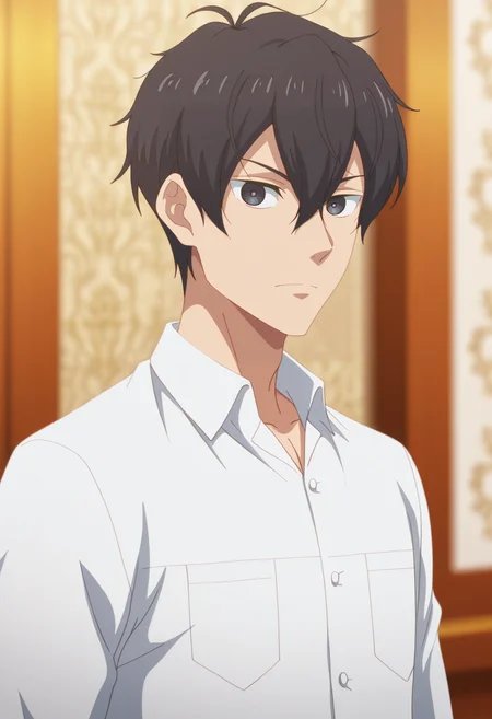 masterpiece, best quality, amazing quality,high resolution,intricate details,official style,depth of field,anime screencap,anime coloring , , , 1boy, solo, male focus,  <lora:Leon_Fou_Bartfort:1>,leon fou batfort,black hair,black eyes,short hair,white shirt,collared shirt,upper body,looking at viewer