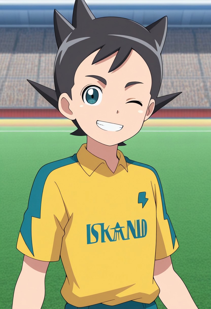 masterpiece,best quality,amazing quality, source_anime,
InamoriAsuto, 1boy, male focus, solo, green eyes, black hair, spiked hair, inakumi soccer uniform, shirt, yellow shirt, short sleeves, smile, one eye closed, grin, outdoor,