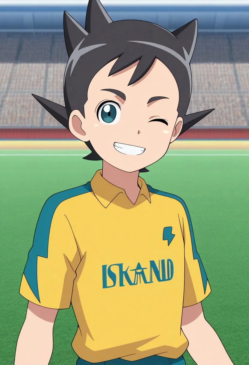 masterpiece,best quality,amazing quality, source_anime,
InamoriAsuto, 1boy, male focus, solo, green eyes, black hair, spiked hair, inakumi soccer uniform, shirt, yellow shirt, short sleeves, smile, one eye closed, grin, outdoor,