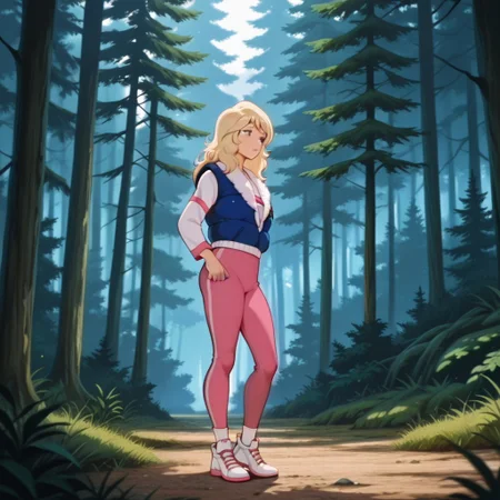 masterpiece, best quality, amazing quality, SarahDSil, human, female, blonde hair, blue eyes, white shirt, long sleeves, pink stripes, pink pants, white socks, white sneakers, pink trim, blue vest, white fur trim, standing, forest, solo, 1girl, <lora:0f57d818-1703-4e5e-9504-fd8b779d90c2:1.0>