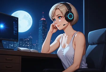 score_9, score_8_up, score_7_up, score_6_up, <lora:bouncy_pony:0.5>, contrast of cool dark background with warm bright foreground, full color, night, moon light, volumetric moonlight, depth of field
cyberpunk Aesthetic, modern bedroom Aesthetic, Blurry Background, neo-Tokyo city view, stary night, full moon, light rays, beautiful natural lighting, glow, light,
<lora:Nene_Romanova_-_Bubblegum_Crisis_Tokyo_2040:1>, Nene, loose tank top, white underware,
{petite body, athletic body, medium breasts, perfect round firm tits, medium round perfect tits, (medium Breasts:0.8), long legs, perfect anatomy, perfect face, perfect nose, detailed eyes, beautiful eyes, perfect eyes, perfect breasts, anatomically correct hands:1.3},
light smile, cute, side view, from side,
lofi girl style, sitting behind a desk, sitting at desk, in front of a computer, headphones, eyes looking at computer screen, lofi girl \(youtube\), zoom out,