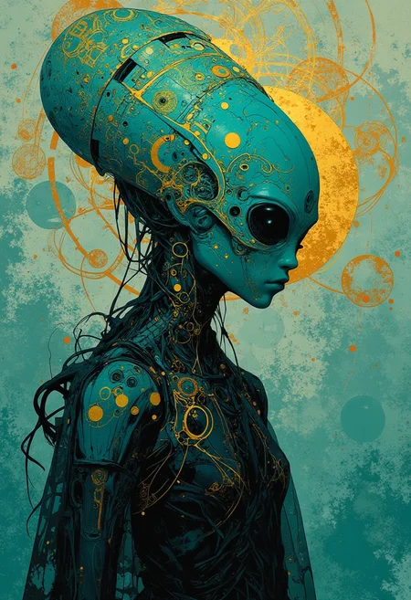 anime, niji, anime source, paint style of James C. Christensen, Ethereal minimalist Alien race cybergoth fashion photography painting, in the style of teal and gold, use of palette knives, waist-high portrait, intricate, sharp_focus, concept_art, background zentangle fog,
