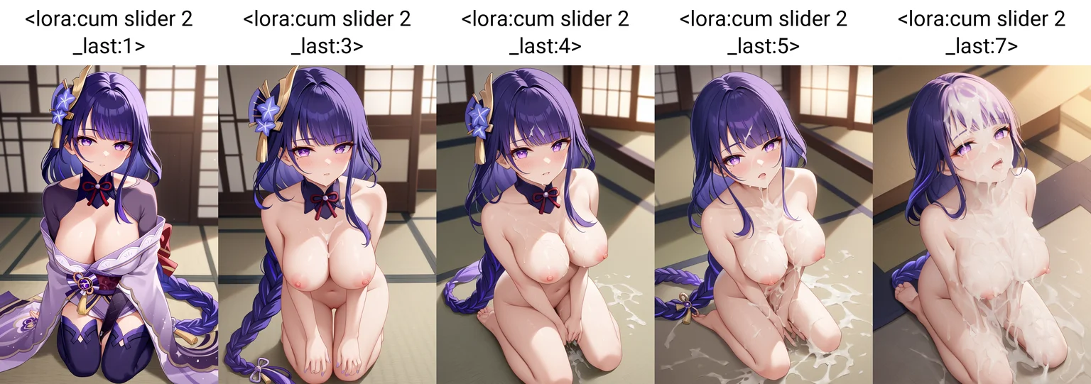 score_9, score_7_up, 1girl, raiden shogun, kneeling, looking at viewer, <lora:cum slider 2 _last:1>