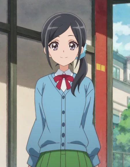 score_9, score_8_up, score_7_up, anime screencap, solo,1girl,sawaizumichiyu, green skirt, shirt, bowtie, white shirt, red bowtie, school uniform, blue cardigan, red bow, smile, blue scrunchie, looking at viewer, hair ornament, cardigan, ribbon, cowboy shot,medium breasts,<lora:sawaizumichiyu:0.8>