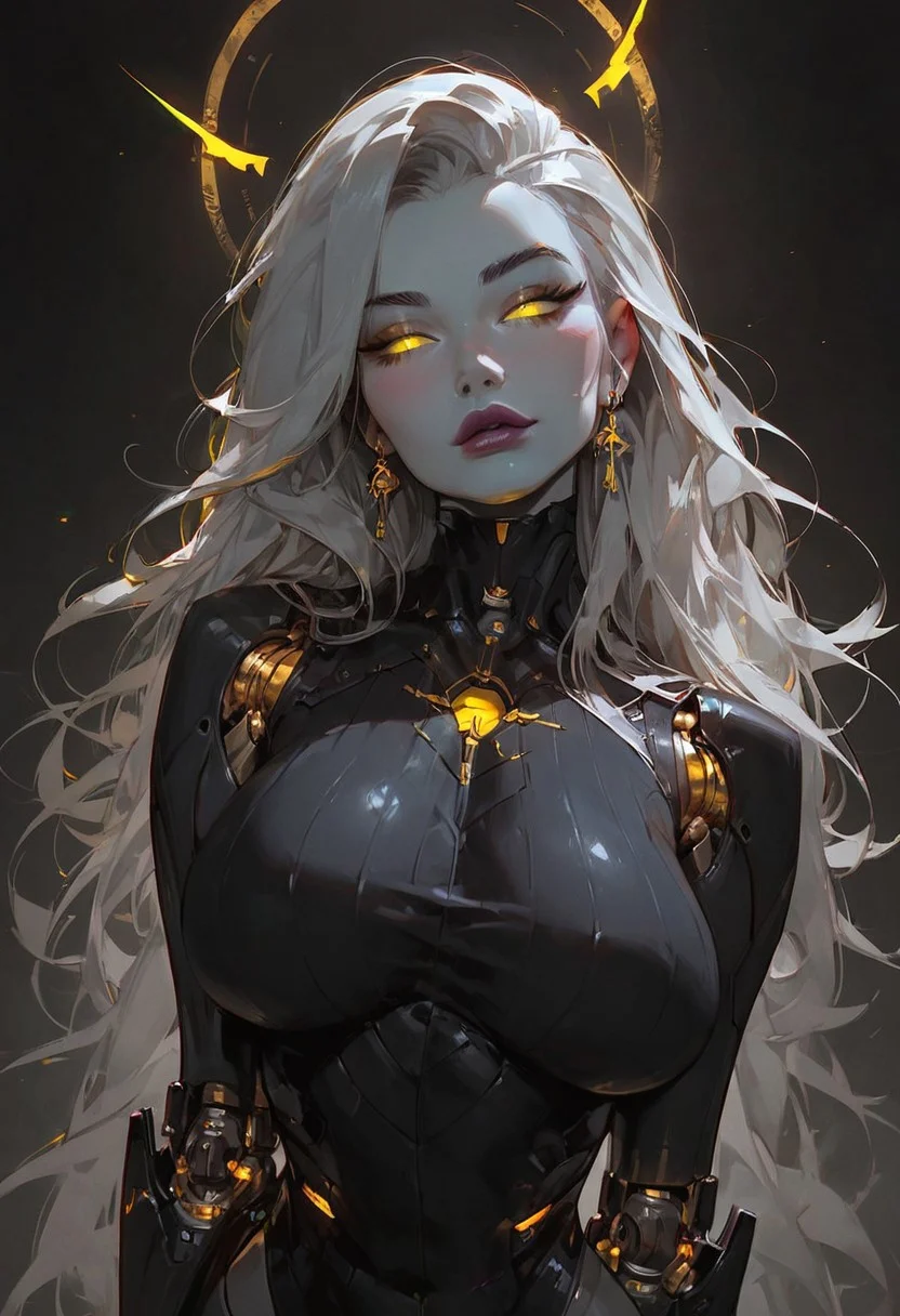 score_9, score_8_up, score_7_up, score_6_up, a woman, robot girl, robot arms, robot legs, perfect cute face, perfect beautiful face, long hair, glowing white eyes, large breasts, squeezing breasts together, seductive, sexy pose, narrow waist, wide hips, dynamic angle, ultraHD, ultrarealistic, nightime, moonlight, futuristic, Expressiveh