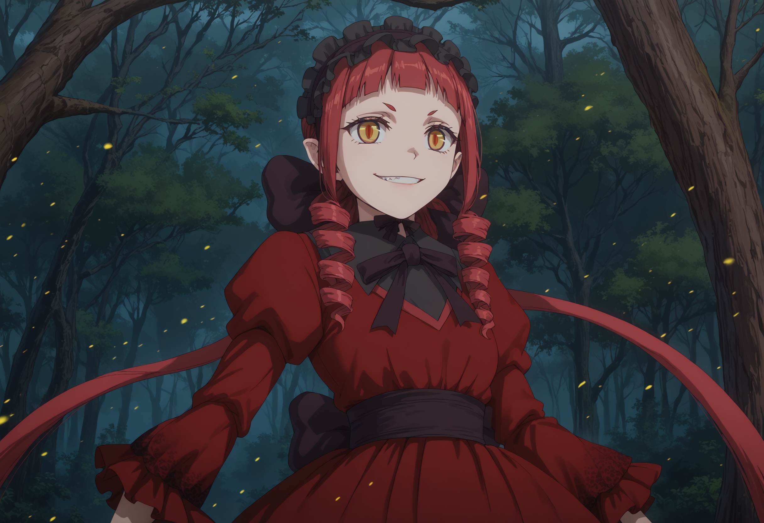 <lora:Rafflesia>,rafflesia,score_9, score_8_up, score_7_up, highres, source_anime, masterpiece, 1girl,solo,detailed face, detailed eyes, multicolored eyes, red eyes, red hair, orange eyes, demon girl, frills, twintail, frills, (red dress),demonic eyes, night, rotting forest, pollen, decaying forest, casting magic, scary forest, twintail, twin drills, long hair,  (she is touching disolving a tree:2.0), dark,  closed mouth, tree,withering tree, dying tree, dark forest,grin, fang