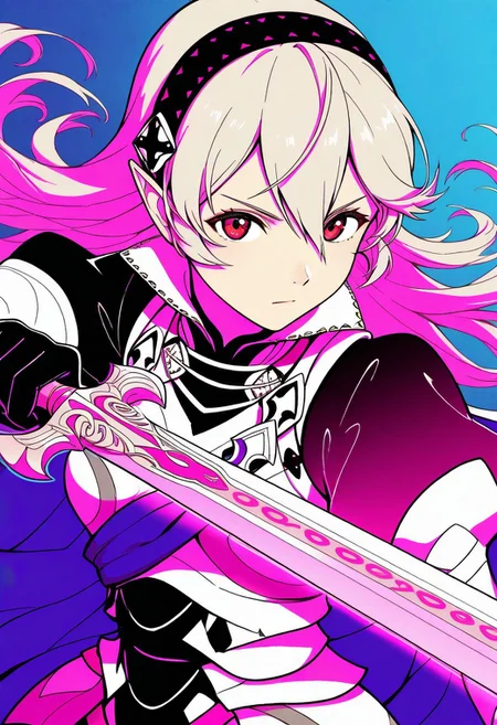 masterpiece, best quality,very aesthetic,absurdres, 1girl, solo, <lora:fecorrin-illu-nvwls-v1> baseCor,hair between eyes, long hair, pointy ears, black hairband,(serious,closed mouth,looking at viewer),(floating hair),(armor, puffy sleeves, juliet sleeves, cape, black gloves),(dynamic angle),(holding sword,yato (fire emblem),pose),(multiple monochrome,neon color,pink theme,blue background,gradient background),(traditional media,sharp sketch,deep shadows,texture,brush(medium),canvas(medium),acrylic paint(medium))