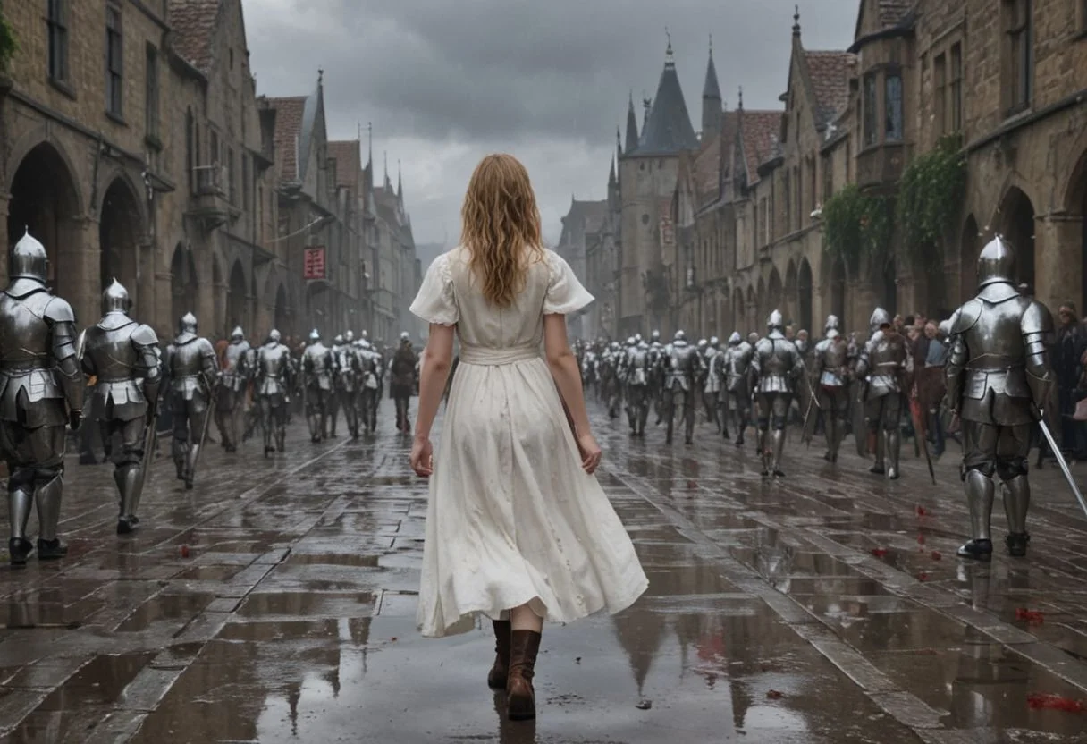 1 young female child with an army of knights.
(the female child is happy in clean white dress) runs with a white flower in her right hand towards background (facing away) from camera. back turned.
(The Army of Knights is covered with blood and wounds), marching from right to left in background. Intense Violance/Gore.
Masterpiece, DonMSt34mPXL, Realistic Lightning, Cinematic Lightning, Dark Lightning, Rain, Puddle, Clouded Sky, medieval, fantasy, pedestrians, Cape, Reflection, 1girl, army