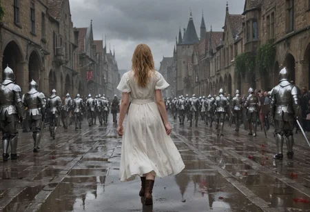 1 young female child with an army of knights.
(the female child is happy in clean white dress) runs with a white flower in her right hand towards background (facing away) from camera. back turned.
(The Army of Knights is covered with blood and wounds), marching from right to left in background. Intense Violance/Gore.
Masterpiece, DonMSt34mPXL, Realistic Lightning, Cinematic Lightning, Dark Lightning, Rain, Puddle, Clouded Sky, medieval, fantasy, pedestrians, Cape, Reflection, 1girl, army