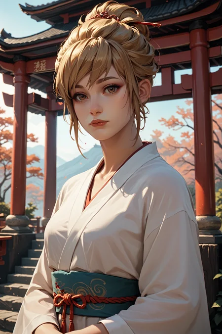 score_9, score_8_up, score_7_up, score_6_up
<lora:LISKate:0.8>
LISKate, 1girl, blonde hair, hazel eyes, hair updo, looking at viewer, stands in a dimly lit, sacred shrine