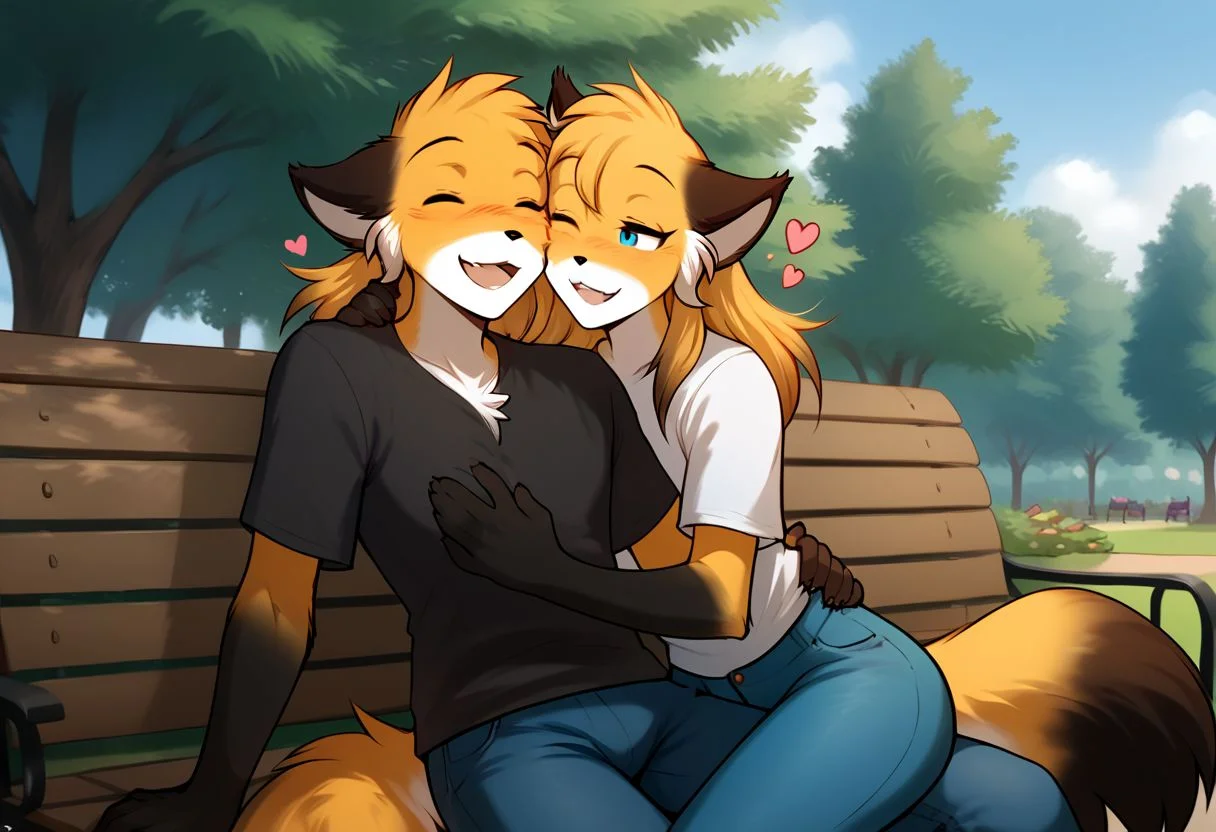 score_9, score_8_up, score_7_up, score_6_up, source_furry, rating_explicit, duo, duo focus, anthro male fox, fox, anthro, Perfect Hands, 1boy, happy expression, happy smile, park, Sitting on a bench, thin waist, flat stomach, lean, eyes contact, black T-shirt, jeans, hugging
BREAK
score_9, score_8_up, score_7_up, score_6_up, source_furry, rating_explicit, duo, duo focus, female, mike-twokinds, Perfect Hands, 1girl, happy expression, laughing, park, Sitting on the guy's lap, thin waist, flat stomach, lean, eyes close, furry fox paws, white T-shirt, cute shorts, floating hearts, medium breasts, hugging