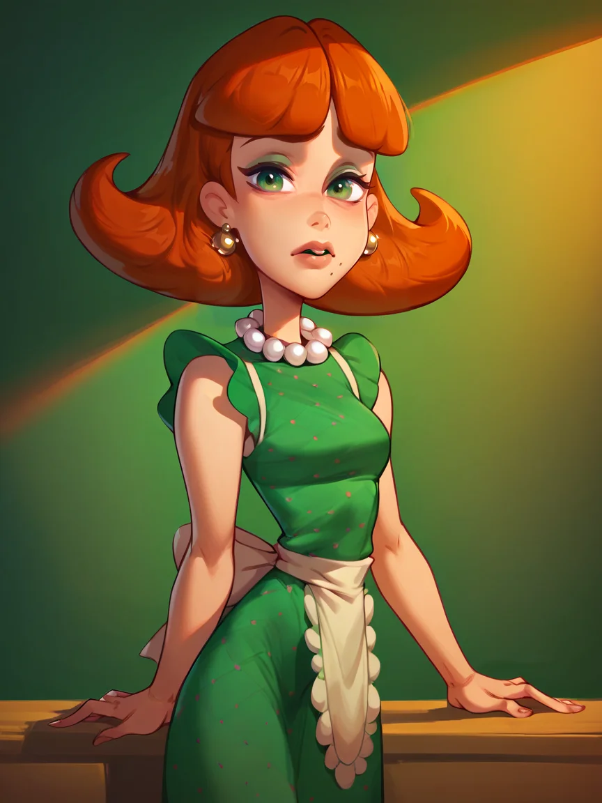 score_9, score_8_up, score_7_up, score_6_up, score_5_up, <lora:raichiyo33XLP:1> raichiyo33, <lora:judyneutronXLP:1> judy neutron, 1girl, green eyes, solo, orange hair, mole under mouth, green dress, apron, pearl necklace