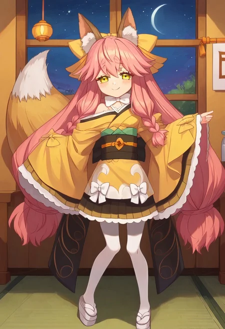 score_9, score_8_up, score_7_up, source_anime, prefect lighting, very aesthetic, intricate details, highly detailed background, masterpiece, high quality, prefect hands, best quality, 1girl, (shortstack:0.8), solo, <lora:aria.pony:1>, aria, pink hair, long hair, braid, yellow eyes, animal ear fluff, fox ears, fox tail, yellow hair bow, small breasts, yellow kimono, japanese clothes, long sleeves, sleeves past wrists, wide sleeves, white bow, bare shoulders, white pantyhose, obi, ribbon, white footwear, gentle smile, blush, indoors, house, bedroom, night, night sky, looking at viewer, pov