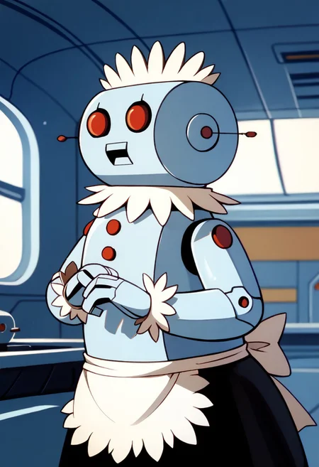 score_9, score_8_up, score_7_up BREAK RosieTJ, 1girl, robot girl, metal body, red eyes, red buttons, wheels, white maid cap, white collar, white cuffs, white hip apron, black skirt, female, female focus, solo, solo focus, futuristic indoors, futuristic background,