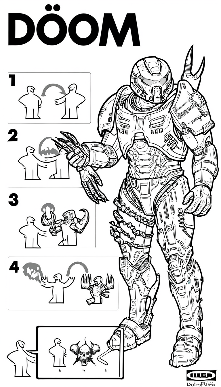 doom slayer ripping and tearing demons, danger warning, not for children  <lora:ikea_instructions_xl_v1_5:1>