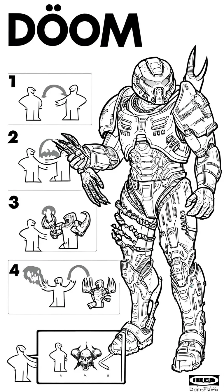 doom slayer ripping and tearing demons, danger warning, not for children <lora:ikea_instructions_xl_v1_5:1>