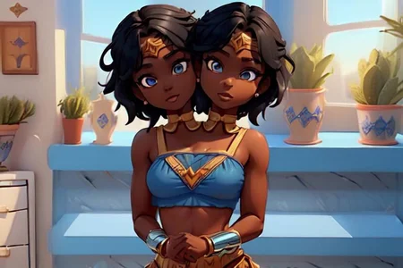 (masterpiece, best quality:1.5), shorthair, black, darkskinnedfemale, <lora:conjoined_dicephalus:1>, (conjoined_twins, two heads:1.5), 1girl, masterpiece, best quality, peplos, blue greek clothes, blue eyes, dark skin, bare shoulders, earrings, flat chest, jewelry, solo, smile, bedroom <lora:WonderWoman:1.5> standing