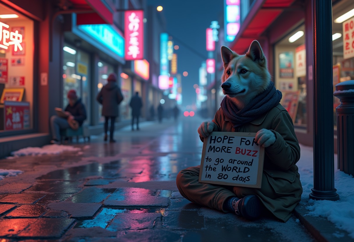An anime-style panhandler, a weary anthropomorphic dog, sits on the cold pavement in a neon-lit alley of a bustling city. The dog is wrapped in a tattered coat, holding a small sign that reads "HOPE FOR MORE BUZZ to go around the WORLD in 80 days " in shaky, handwritten letters. Neon signs from nearby shops cast a colorful glow on the scene, reflecting off the wet pavement. The atmosphere is melancholic yet resilient, capturing the struggle and silent dignity of those forgotten by society.