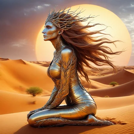 side view of a magnificent mature dryad sitting in a desert dunes, glowing incandescent plasma sandstorm, very detailed, intricate, warm colour palette, cs-m3tal-ok_v06-1000