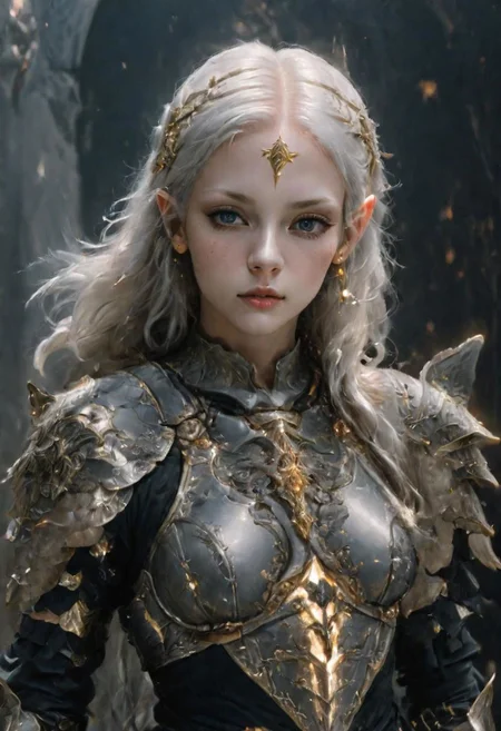analog film photograph of the high queen, an elf female of unearthly beauty, very long straight white hair, very pale pink skin, light grey eyes, (natural ears:1.2)
mysterious smirking expression, looking down at the viewer, wearing (intricately decorated Milanese black (full cuirass) plate armor:1.4), intricately decorated with a damask, gold inlay, (brandishing a glowing sword pointed at the viewer:1.9),
elf queen, full body shot,
1girl, GLOWING STYLE