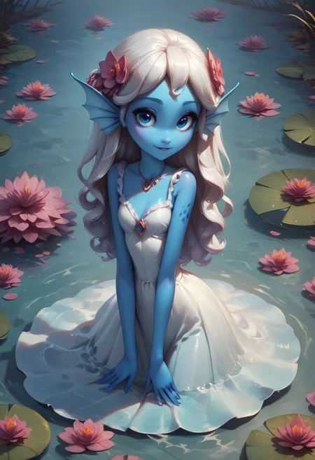 score_9, score_8_up, score_7_up, 1girl, water elemental, water sylph, cute, adorable, water hair, water sundress, standing in water, blue eyes like deep pools of water, looking at viewer, pond, river, flowing water, monster girl, water flowing on skin, swirls of water, blue skin, fins
