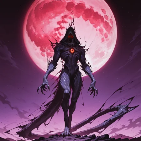 masterpiece,best quality,amazing quality,2D,Smo0thL1nes,<lora:Darkling:1>,solo,1men,qqdarkling,monster,extra pupils,red eyes,glowing eyes,black sclera,no mouth,claws,long tail,looking at viewer,dark aura,full body,night sky,red moon,purple theme,