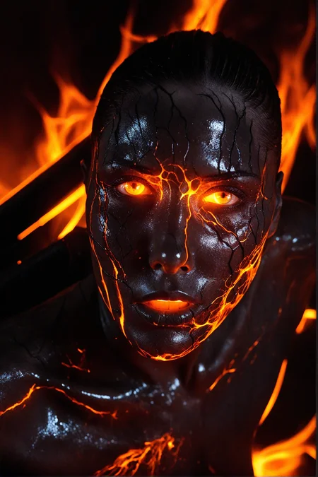 Futuristic portraits, glow-in-the-dark visuals, smoldering skin, fractured earthy tones, magma-inspired aesthetic, neon-lit hazes. Ethereal, luminescent close-ups of human visage, skin substructure cracked, fluid golden cores displayed, apocalyptic embers dancing across ashen manes, charred shadow casting. Surreal high-key photographs, ashen darkskin facade, gleaming iridescent rifts, crackling high-tension microvolcanic lights emerging from smoldering chasms, starlight-flared gaze meeting dark matter mistiness. high contrast, apocalyptic, surreal portrait, lava skin. A low-angle, extreme close-up of a human face, with skin resembling cracked, smoldering pottery, as fiery fissures spread across the cheeks and forehead, revealing a deep glowing orange radiance. Deep within an eerie atmosphere of an otherworldly realm, smoky wisps of gray hair curl around an incandescent face as embers dance upon the smoldering locks, drawing eyes to two fiery orbs that burn like blazing suns amidst a twisted topography of blazing heat. Through an extreme perspective of lens distortion, a vision of a ravaged visage emerges where glimmering orange flares illuminate the planes and angles of a face scorched by infernal heat as blistering smolder transforms into crackling inferno - as with the eerie quality of dreams, all light appears to emanate from an unseen furnace. #surrealportrait #fierytransformation #moltenlavaflows. A human face shatters like fired terracotta, revealing a churning sea of fiery magma beneath the fractured surface as radiant, tangerine fissures illuminate the intense, blazing stare of eyes aglow with infernal ferocity, smoldering silver locks crackle with embers dancing at their extremities, bathed in a fierce chiaroscuro, heightening the surreal, apocalyptic ambiance of an unearthly inferno. Surreal, dystopian visage with smoldering, orange-rimed crevices dissolving the porous, volcanic veneer of skin, molten, candescent lava erupting like liquid fire in a breathtaking spectacle of primeval, burning chaos, fiery, aquiline eyes blazing with the furor of a thousand volcanic eruptions as wild, sooty strands writhe like living, ashen snakes, crackling with a swarm of incandescent sparks that amplify the mesmerizing drama of an otherworldly, blazing apocalypse. Fiery, abstract close-up of a fractured, humanoid visage with smoldering, apocalyptic energy exploding from beneath its desolate, parched surface, scorched, dark siliceous platelets shift and fragment like arid, cracked earth, revealing glimpses of churning, feral, pyroclastic lava as eyes like hot, blazing coals shine with an arcane, anagogic power, a grey, smoke-tinged coiffure ripples with turbulent, lambent sparks that intensify the hypnotic, dreamlike quality of an apocalyptic world forever lost in swirling, pyrogenic chaos, Futuristic portraits, glow-in-the-dark visuals, smoldering skin, fractured earthy tones, magma-inspired aesthetic, neon-lit hazes. Ethereal, luminescent close-ups of human visage, skin substructure cracked, fluid golden cores displayed, apocalyptic embers dancing across ashen manes, charred shadow casting. Surreal high-key photographs, ashen darkskin facade, gleaming iridescent rifts, crackling high-tension microvolcanic lights emerging from smoldering chasms, starlight-flared gaze meeting dark matter mistiness. high contrast, apocalyptic, surreal portrait, lava skin. A low-angle, extreme close-up of a human face, with skin resembling cracked, smoldering pottery, as fiery fissures spread across the cheeks and forehead, revealing a deep glowing orange radiance. Deep within an eerie atmosphere of an otherworldly realm, smoky wisps of gray hair curl around an incandescent face as embers dance upon the smoldering locks, drawing eyes to two fiery orbs that burn like blazing suns amidst a twisted topography of blazing heat. Through an extreme perspective of lens distortion, a vision of a ravaged visage emerges where glimmering orange flares illuminate the planes and angles of a face scorched by infernal heat as blistering smolder transforms into crackling inferno - as with the eerie quality of dreams, all light appears to emanate from an unseen furnace. #surrealportrait #fierytransformation #moltenlavaflows. A human face shatters like fired terracotta, revealing a churning sea of fiery magma beneath the fractured surface as radiant, tangerine fissures illuminate the intense, blazing stare of eyes aglow with infernal ferocity, smoldering silver locks crackle with embers dancing at their extremities, bathed in a fierce chiaroscuro, heightening the surreal, apocalyptic ambiance of an unearthly inferno. Surreal, dystopian visage with smoldering, orange-rimed crevices dissolving the porous, volcanic veneer of skin, molten, candescent lava erupting like liquid fire in a breathtaking spectacle of primeval, burning chaos, fiery, aquiline eyes blazing with the furor of a thousand volcanic eruptions as wild, sooty strands writhe like living, ashen snakes, crackling with a swarm of incandescent sparks that amplify the mesmerizing drama of an otherworldly, blazing apocalypse. Fiery, abstract close-up of a fractured, humanoid visage with smoldering, apocalyptic energy exploding from beneath its desolate, parched surface, scorched, dark siliceous platelets shift and fragment like arid, cracked earth, revealing glimpses of churning, feral, pyroclastic lava as eyes like hot, blazing coals shine with an arcane, anagogic power, a grey, smoke-tinged coiffure ripples with turbulent, lambent sparks that intensify the hypnotic, dreamlike quality of an apocalyptic world forever lost in swirling, pyrogenic chaos, pristine glossy polished translucent background, transparent, sharp focus, highly detailed, cinematic, rich bright colors, mystical, open magnificent intricate epic great