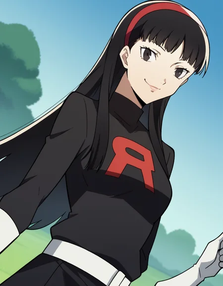 score_9, score_8_up, score_7_up, source_anime, <lora:yukiko-amagi-s1-ponyxl-lora-nochekaiser:1>, yukiko amagi, long hair, black hair, hairband, black eyes, medium breasts,, <lora:team-rocket-uniform-ponyxl-lora-nochekaiser:1>, team rocket uniform, black hat, black shirt, black skirt, white belt, white gloves, single letter,, smile, smug, v, outdoors,, , cowboy shot, dutch angle