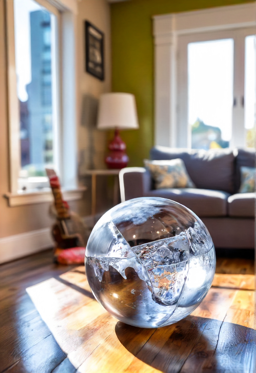 a ball made out of ice and fail inside a cozy living room on a sunny day, detailed, high quality