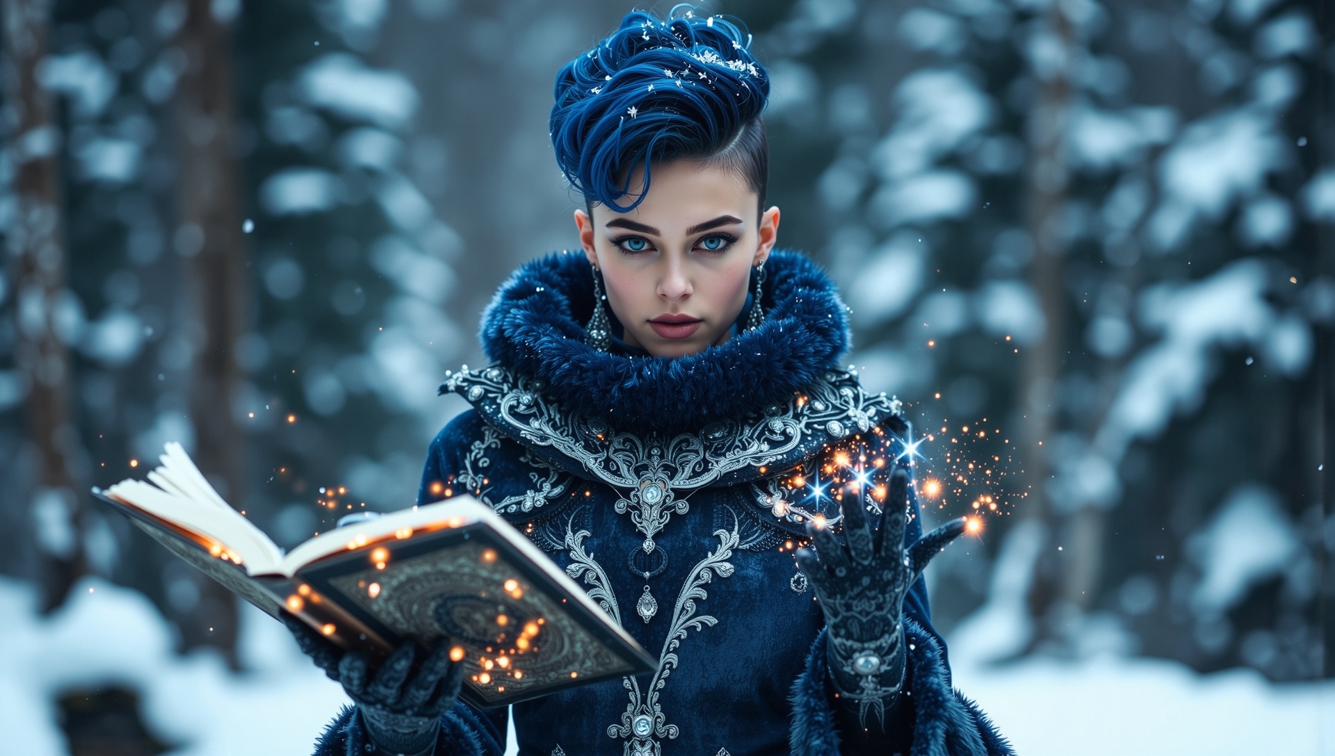 landscape, full body shot, looking at the camera, standing pose,
A women ice mage in an dark blue detailed high necked winter outfit what cover her boobs with turned-up collar and is adorned with elaborate silver embellishments and fur accents,
Undercut Disconnected dark blue Mohawk, 
perfect hands with 5 finger, lace gloves, smirk, 
impress with her ice magic skills, 
a ornate magical spellbook with elaborate cover that has some light effects around it in one hand, legs,
Understated yet bold makeup, flawless complexion, detailed clean face, glasses in color dark blue,
The background showcases a blurry frozen landscape, creating depth and atmosphere,