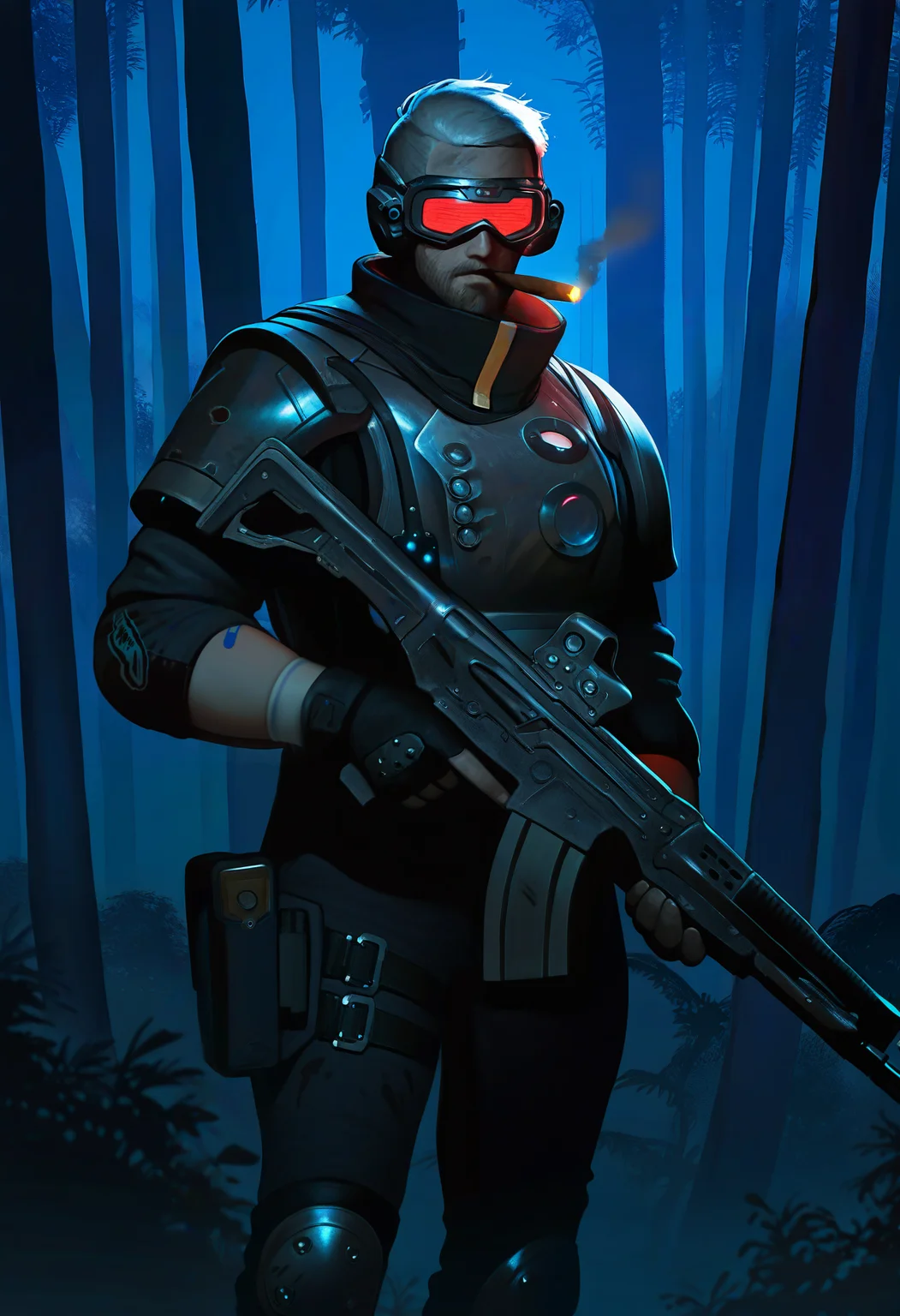 1other, night-vision-goggles very-short-hair, grey-hair cigar, futuristic breastplate, khakis, knee-pads, shoulder-pads, dirty, fingerless-gloves, holding-assault-rifle, cowboy-shot, forest, masterpiece, best quality, newest, absurdres, highres <segment:hand//cid=11>masterpiece, best quality, newest, absurdres, highres, bandaid