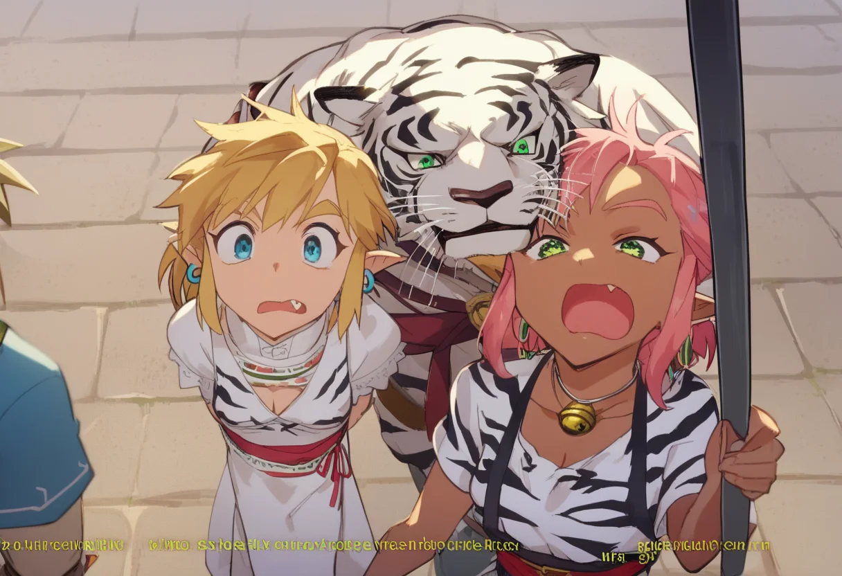 score_9, score_8_up, score_7_up, score_6_up, Masterpiece, source_anime screenshot, duo, 1 girl, 1 boy, vivid colors, full color, shiny and glossy, anime style, high-res, beautiful aesthetic, very intricate, high-quality details, vibrant, highly detailed, award-winning, professional, <lora:pink-ponyxl-v2:1>, 1 girl, single fang showing, sleeveless dress, white tiger print dress, pelvic curtain, cleavage, white cat ears, cat bell necklace, bright pink hair, tanned, white tiger tail, red sash, small breasts, leather shoes, detailed eyes, green eyes, detailed face, break, <lora:link:1> 1boy, link1, link, pointy ears, blonde hair, blue eyes, medium hair, side locks, earrings, short ponytail, blue hylian tunic, break, pink and link shouting, pink and link holding signs high above their heads, front view,
