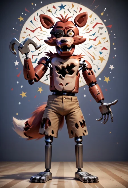 score_9, score_8_up, score_7_up, solo male, FoxyPirateFNAF1, yellow eyes, hook hand, hook left hand, robot, withered animatronic, robot joints, animatronic, damaged body, red fur, brown shorts, torn clothing, chest tuft, head tuft, cheek tuft, shoulder tuft, metal legs, fox tail, fangs, biped, smirk, smug, grin, standing, raised hand, bent legs, spread legs, perfect hands, full-length portrait, standing, cool, psychedelic background, star pattern, confetti, looking at viewer, 
BREAK
highly detailed, shading, highres, Masterpiece, perfect lighting, zPDXL3, detailed background