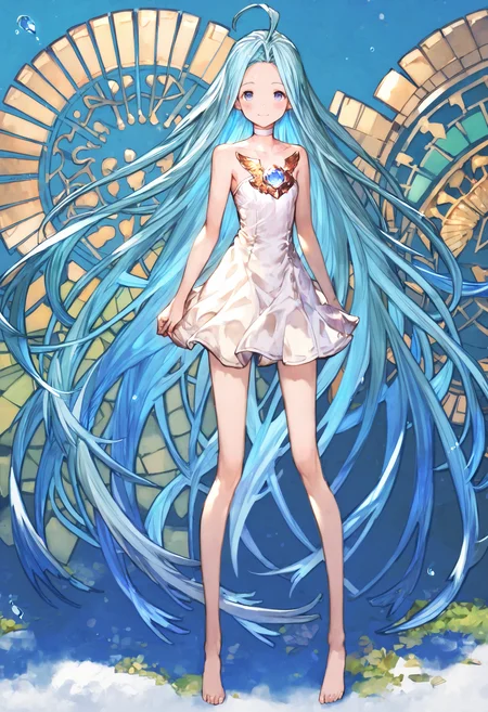 score_9, score_8_up, score_7_up,score_6_up, source_anime, best quality, aesthetic, absurdres,
1girl, solo, smile, blush, (clear eyes:1.2), looking at viewer, full body,
Lyria (Granblue Fantasy), very long hair, blue hair, (body_slim, skinny:1.1), white choker, blue gem, white cami-dress, bare shoulders, strapless, miniskirt, barefoot,
(clear eyes:1.1), <lora:Lyria-Pony:0.8> <lora:IshikePony:0.3>