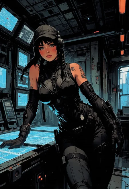 In the style of ff-td, nistyle, Silhouette Art, magnificent, inksplash, crisp lines, closeup portrait of stunning sci-fi space marine, flight deck, spaceship control room, beautiful girl, breasts, curvy, looking at viewer, holographic displays, leaning against table, sniper rifle on back, smirk, holographic map table, dark braided hair, backwards hat, spartan armor, halo game, black armor, blue highlights on armor, chest armor, sci-fi armor, sleeveless, arm sleeve tattoos, muscle tone, dogtags, armored legs, sweaty, directional lighting, dark background, blue lights, foreshortening, depth of field,
Closeup, detailed face, freckles,