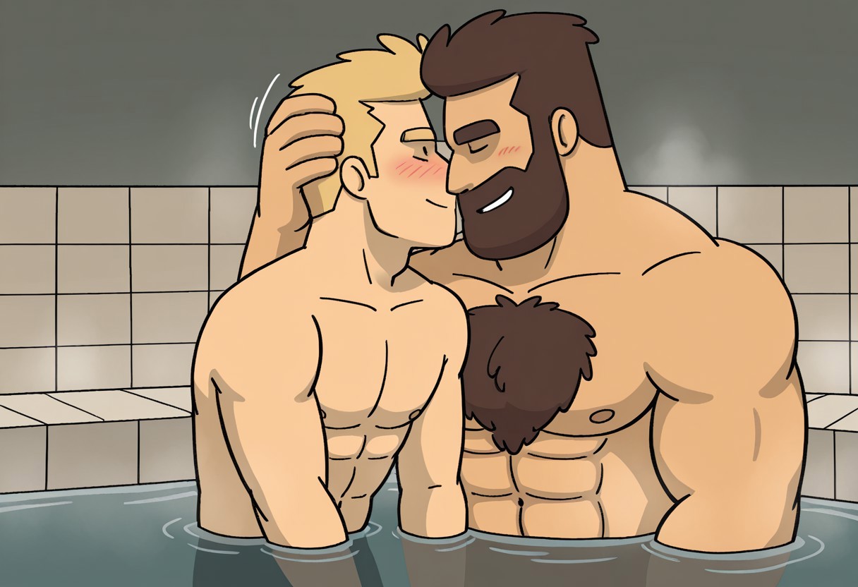 2men, 1man, GrantRMA, black dot eyes, facial hair, short hair, bara, beard, brown hair, 1boy, pectorals, abs, muscular, chest hair, nude, BREAK, Grant, eyes closed, top role, arm around another's head, nuzzling BREAK, ((1 Slim human boy, (shaved, short blonde hair))), smile, completely nude, blushing,  bottom role, BREAK bathhouse background, (weight difference:1.1), steam, cum puddles, in water, partially submerged, BREAK, View, dynamic, creative, motion lines