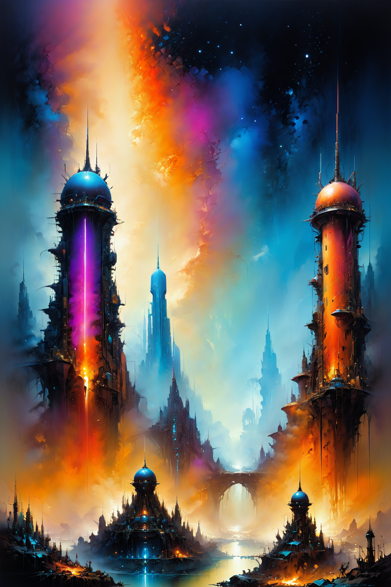 skyline of a dense and sprawling city on a junkworld, cyberpunk, night, neon signs, spotlights, hologram,smoke,  neon lights,  glowing, ethereal light,starry sky, bustling, cosmic hues, vibrant colors, watercolor style, surreal lighting, futuristic motifs, vivid colors, detailed digital art <lora:EnvyJunkworldXL01:0.8>  <lora:Ethereal_Grace:1>, (masterpiece:1.2), best quality, (hyperdetailed, highest detailed:1.2), high resolution textures, <lora:EnvyBetterHiresFixXL01:1>