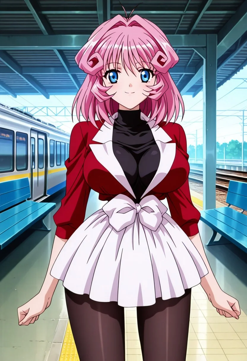 <lora:anime_screencap-IL v-pred:1>, anime screencap, anime coloring, amazing quality, very aesthetic, absurd resolution, masterpiece, 4k resolution, perfect anatomy, perfect eyes, (hand with four fingers and one thumb), BREAK 1girl, 3/4 body shot, <lora:CD11_rina_ill-05:1>, Rina_CD11, pink hair, medium hair, blue eyes, slim waist, wide hips, large breasts, perky breasts, sexy standing pose, legs apart, lewd lower body, looking at viewer, Smile, Closed mouth, (<lora:red_outfit_ill-06:1>, (red dress, plunging neckline, red sleeves, sleeves past elbows, white lapels, large lapels, white skirt, miniskirt, waist bow, large bow, white bow,), (black shirt, turtleneck, sleeveless,), black pantyhose, ), cowboy shot, BREAK (train station, platform, benches,),