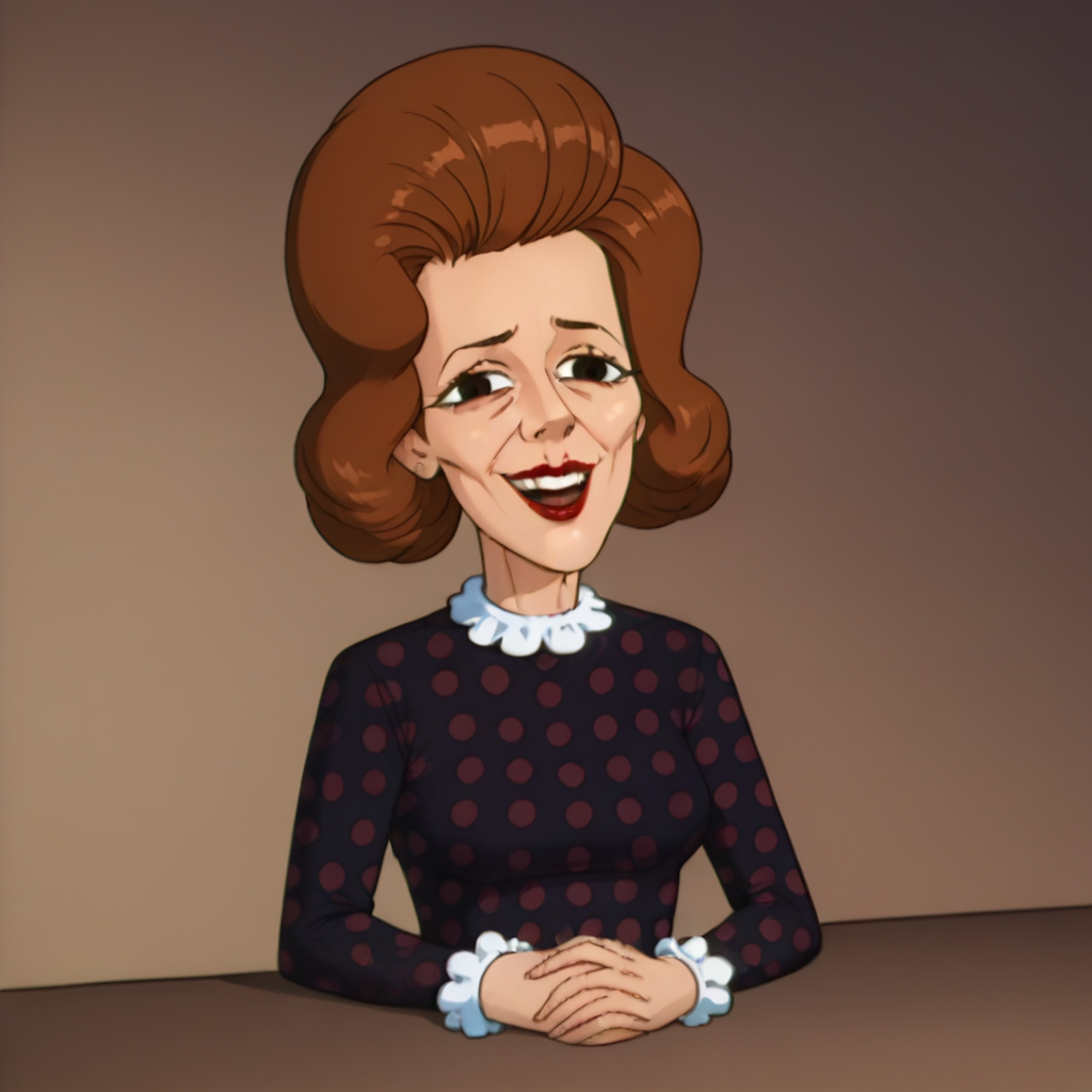 <lora:Network_Censor_Woman_-_Freakaziod_-_1995-10:0.9> 1girl, mature, brown hair, purple dress with maroon polka dots, white collar, white cuffs, wrinkled face, lipstick, lazy eye, smug, open mouth, teeth, looking at viewer,, source_cartoon, score_9, score_8_up, score_7_up,