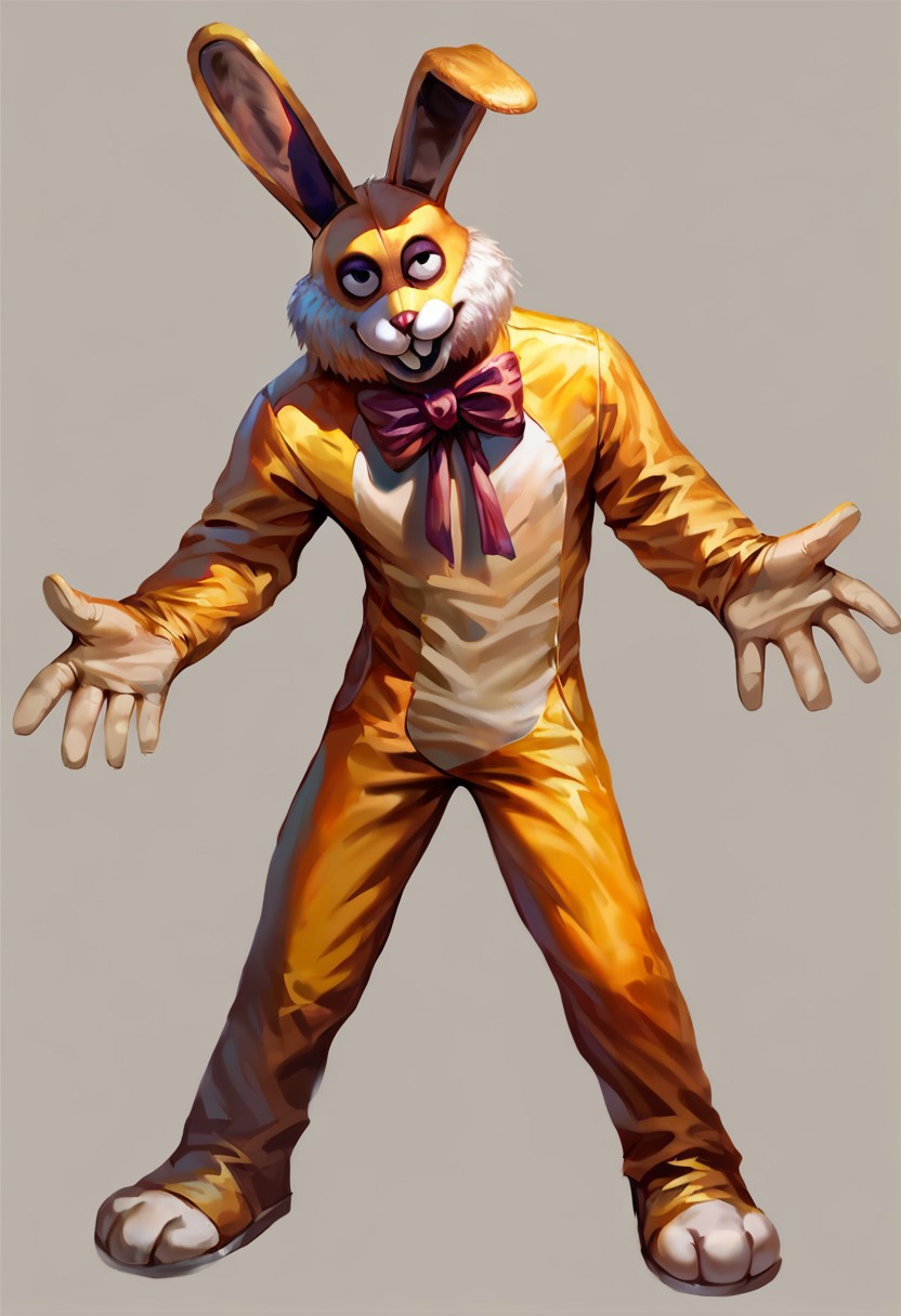 score_9, score_8_up, score_7_up, (luckytherabbit), source_furry, full body, solo, (yellow fur, rabbit costume), (masterpiece, best quality:1.2), (perfect hands, perfect anatomy), (detailed face, detailed body), purple bow, black eyes, beautiful eyes, male, correct eyes, solo, concept art, realistic