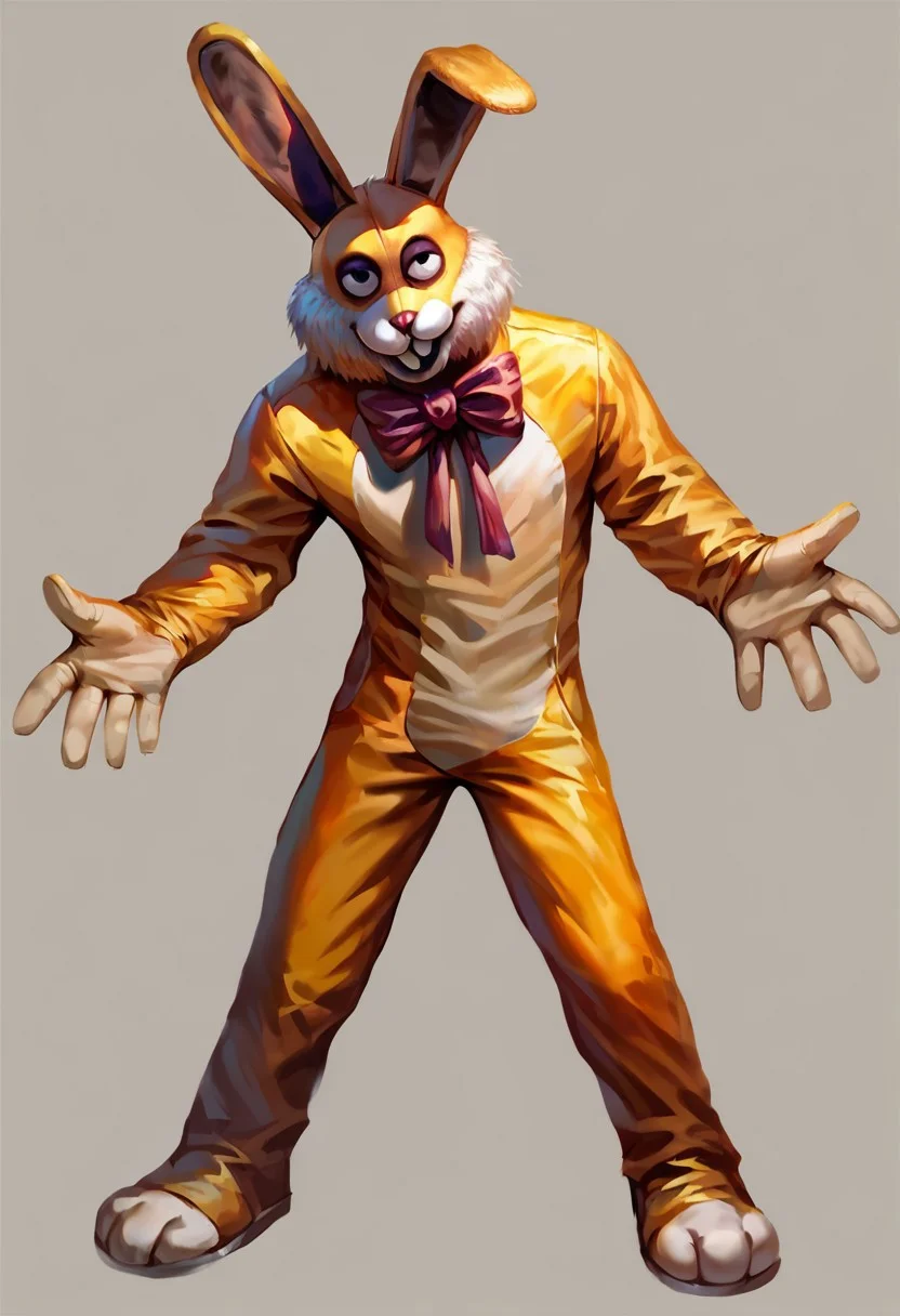 score_9, score_8_up, score_7_up, (luckytherabbit), source_furry, full body, solo, (yellow fur, rabbit costume), (masterpiece, best quality:1.2), (perfect hands, perfect anatomy), (detailed face, detailed body), purple bow, black eyes, beautiful eyes, male, correct eyes, solo, concept art, realistic